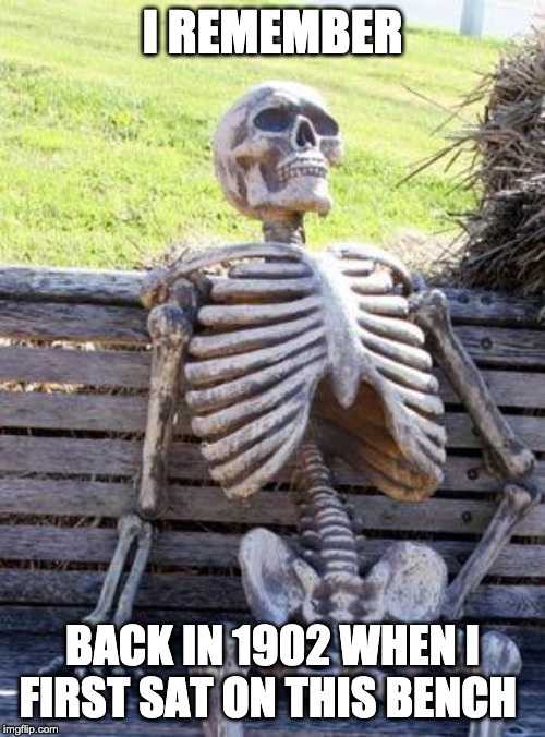 Waiting Skeleton Meme | I REMEMBER; BACK IN 1902 WHEN I FIRST SAT ON THIS BENCH | image tagged in memes,waiting skeleton | made w/ Imgflip meme maker
