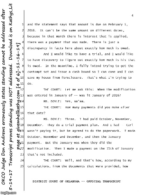 [4 of 6]-11-16-19] 
Judge Parrish’s 5-19-17 Summary Judgment Transcript
Proves Standing was NOT addressed givemhellkathy.com | image tagged in oklahoma,court,corruption,supreme court,judge,tyranny | made w/ Imgflip meme maker