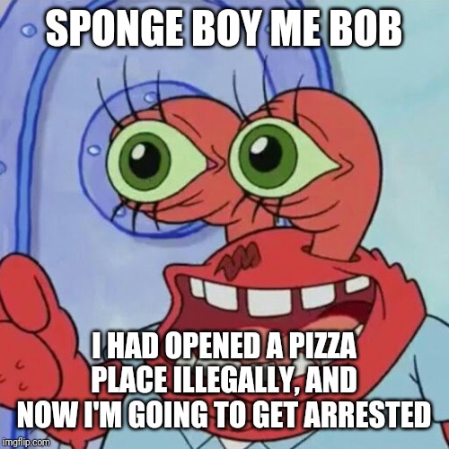 AHOY SPONGEBOB | SPONGE BOY ME BOB I HAD OPENED A PIZZA PLACE ILLEGALLY, AND NOW I'M GOING TO GET ARRESTED | image tagged in ahoy spongebob | made w/ Imgflip meme maker