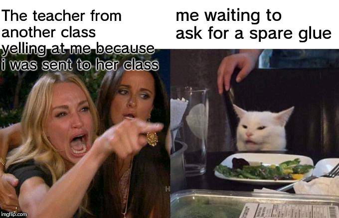 Woman Yelling At Cat Meme | The teacher from another class yelling at me because i was sent to her class; me waiting to ask for a spare glue | image tagged in memes,woman yelling at cat | made w/ Imgflip meme maker