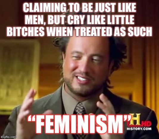Can’t take the heat? Stay in the kitchen... | CLAIMING TO BE JUST LIKE MEN, BUT CRY LIKE LITTLE BITCHES WHEN TREATED AS SUCH; “FEMINISM” | image tagged in memes,ancient aliens | made w/ Imgflip meme maker