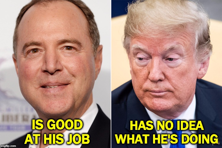 IS GOOD AT HIS JOB; HAS NO IDEA WHAT HE'S DOING | image tagged in adam schiff,trump,competent,incompetent | made w/ Imgflip meme maker