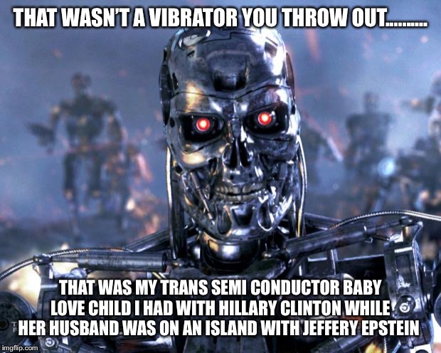Terminator Robot T-800 | THAT WASN’T A VIBRATOR YOU THROW OUT.......... THAT WAS MY TRANS SEMI CONDUCTOR BABY LOVE CHILD I HAD WITH HILLARY CLINTON WHILE HER HUSBAND WAS ON AN ISLAND WITH JEFFERY EPSTEIN | image tagged in terminator robot t-800 | made w/ Imgflip meme maker
