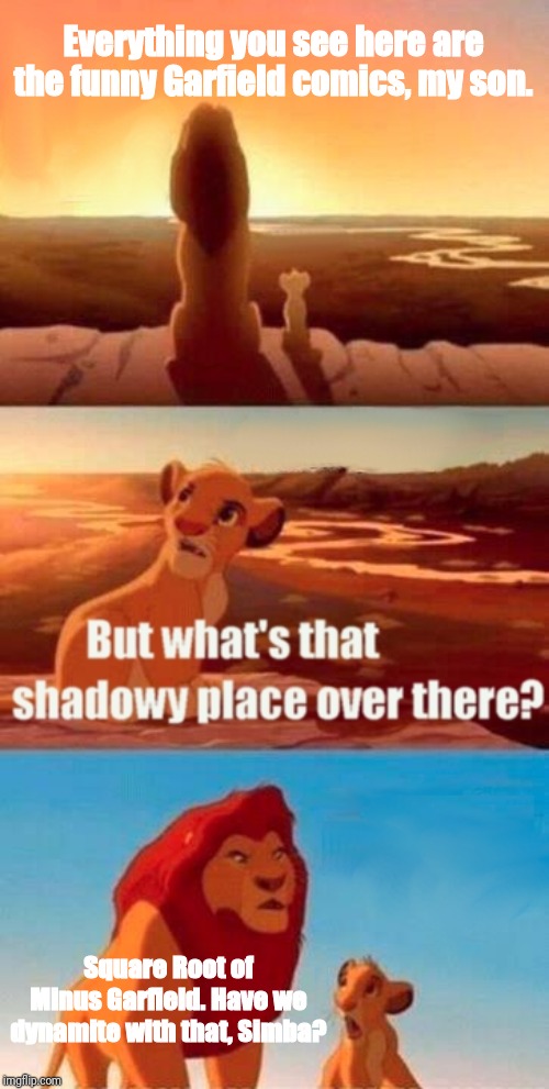 They haven't started making a shadowy place full of frozen pudding pops | Everything you see here are the funny Garfield comics, my son. Square Root of Minus Garfield. Have we dynamite with that, Simba? | image tagged in memes,simba shadowy place | made w/ Imgflip meme maker