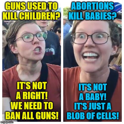 The truth will set you free! | GUNS USED TO KILL CHILDREN? ABORTIONS KILL BABIES? IT'S NOT A BABY! IT'S JUST A BLOB OF CELLS! IT'S NOT A RIGHT! WE NEED TO BAN ALL GUNS! | image tagged in social justice warrior hypocrisy,political meme,memes,guns,abortion | made w/ Imgflip meme maker