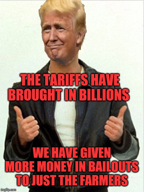 Makes perfect sense....to Trumpturds | THE TARIFFS HAVE BROUGHT IN BILLIONS; WE HAVE GIVEN MORE MONEY IN BAILOUTS TO JUST THE FARMERS | image tagged in fonzie trump | made w/ Imgflip meme maker