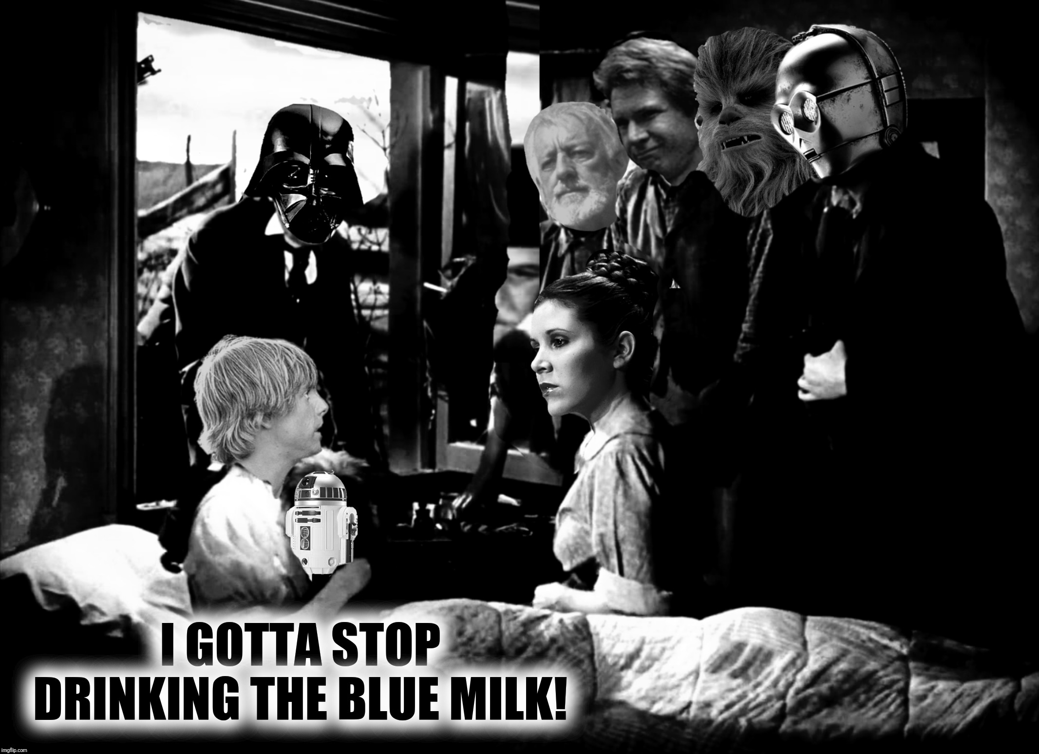 Bad Photoshop Sunday presents:  The face you make when you realize everything after "Return Of The Jedi" was a dream | I GOTTA STOP DRINKING THE BLUE MILK! | image tagged in bad photoshop sunday,wizard of oz,star wars,luke skywalker,princess leia,darth vader | made w/ Imgflip meme maker