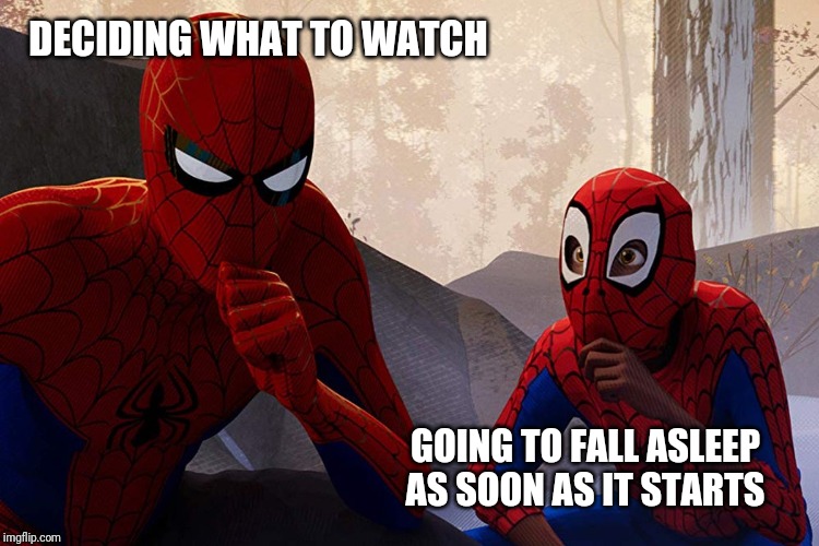 Learning from spiderman | DECIDING WHAT TO WATCH; GOING TO FALL ASLEEP AS SOON AS IT STARTS | image tagged in learning from spiderman | made w/ Imgflip meme maker
