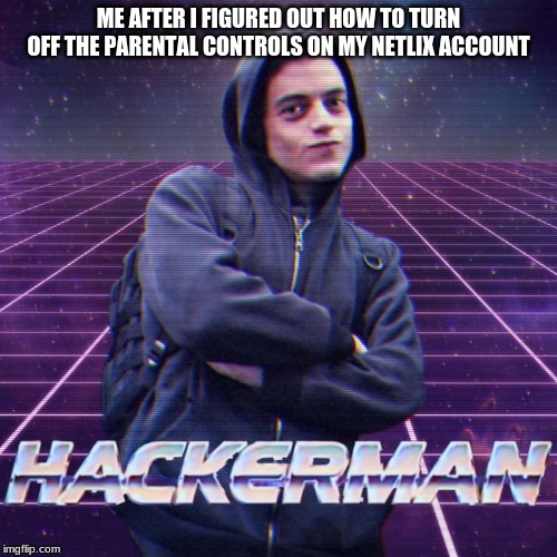 hackerman | ME AFTER I FIGURED OUT HOW TO TURN OFF THE PARENTAL CONTROLS ON MY NETLIX ACCOUNT | image tagged in hackerman | made w/ Imgflip meme maker