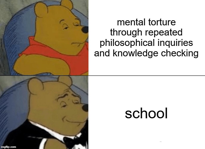 Tuxedo Winnie The Pooh Meme | mental torture through repeated philosophical inquiries and knowledge checking; school | image tagged in memes,tuxedo winnie the pooh | made w/ Imgflip meme maker