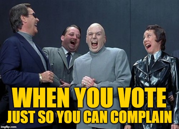 Evil Voters | WHEN YOU VOTE; JUST SO YOU CAN COMPLAIN | image tagged in memes,laughing villains,voting,government,politics lol,election 2020 | made w/ Imgflip meme maker