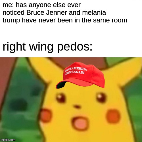 Surprised Pikachu Meme | me: has anyone else ever noticed Bruce Jenner and melania trump have never been in the same room; right wing pedos: | image tagged in memes,surprised pikachu | made w/ Imgflip meme maker