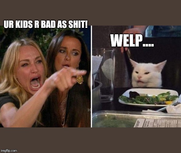 Angry cat at table | UR KIDS R BAD AS SHIT! WELP.... | image tagged in angry cat at table | made w/ Imgflip meme maker