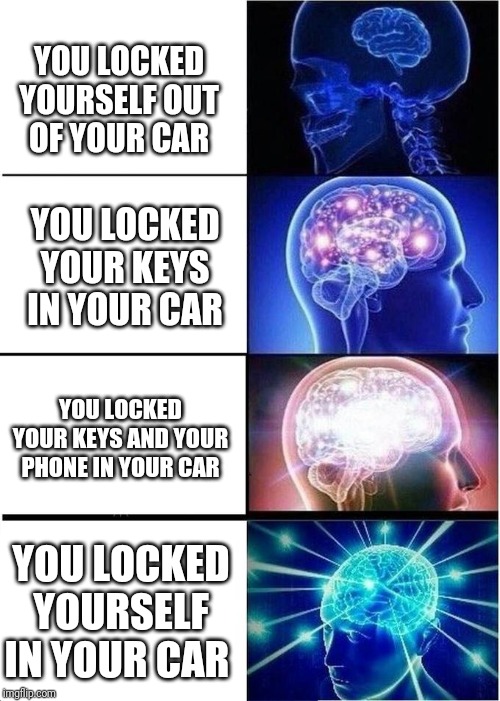 levels of intelligence | YOU LOCKED YOURSELF OUT
OF YOUR CAR; YOU LOCKED YOUR KEYS IN YOUR CAR; YOU LOCKED YOUR KEYS AND YOUR PHONE IN YOUR CAR; YOU LOCKED YOURSELF IN YOUR CAR | image tagged in levels of intelligence | made w/ Imgflip meme maker
