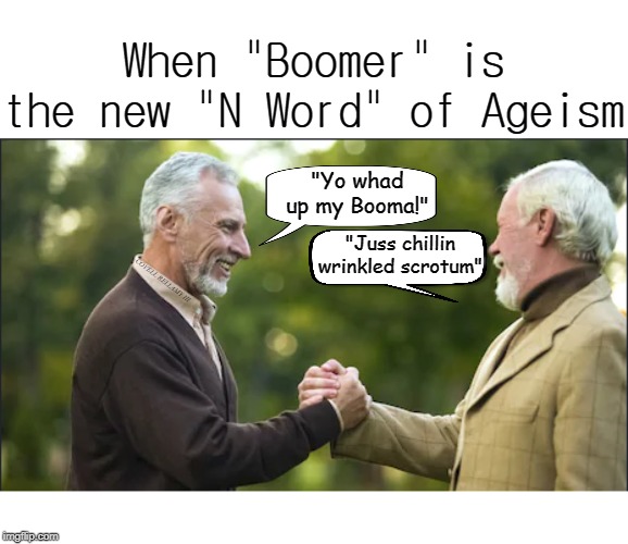 When "Boomer" is the new "N Word" of Ageism; "Yo whad up my Booma!"; "Juss chillin wrinkled scrotum"; COVELL BELLAMY III | image tagged in boomer the new n word | made w/ Imgflip meme maker