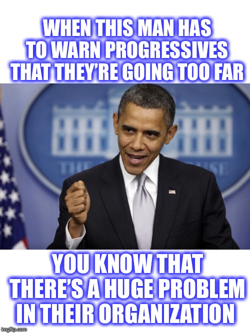Oh yes he did!! And they call Conservatives crazy!! | WHEN THIS MAN HAS TO WARN PROGRESSIVES THAT THEY’RE GOING TOO FAR; YOU KNOW THAT THERE’S A HUGE PROBLEM IN THEIR ORGANIZATION | image tagged in barack obama,warns progressives,and they call us crazy | made w/ Imgflip meme maker