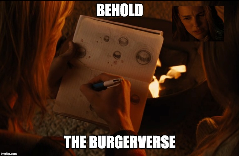 BEHOLD; THE BURGERVERSE | image tagged in thor | made w/ Imgflip meme maker