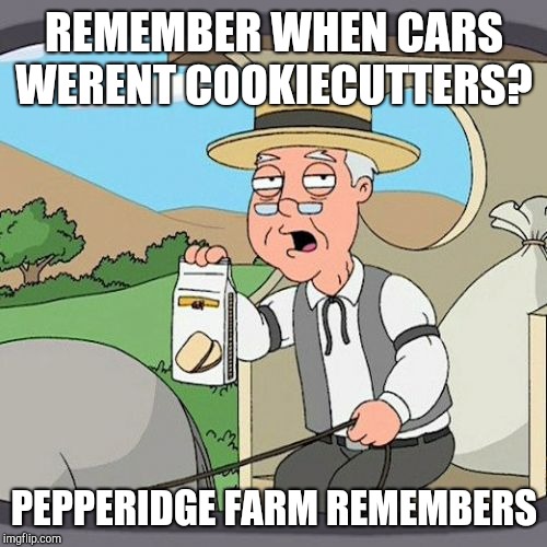Pepperidge Farm Remembers Meme | REMEMBER WHEN CARS WERENT COOKIECUTTERS? PEPPERIDGE FARM REMEMBERS | image tagged in memes,pepperidge farm remembers | made w/ Imgflip meme maker