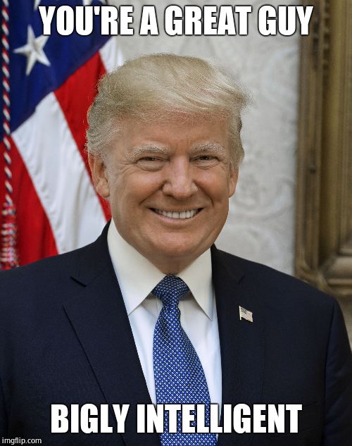 Smug Trump | YOU'RE A GREAT GUY BIGLY INTELLIGENT | image tagged in smug trump | made w/ Imgflip meme maker