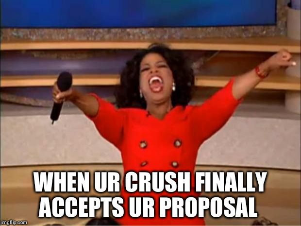 Oprah You Get A | WHEN UR CRUSH FINALLY ACCEPTS UR PROPOSAL | image tagged in memes,oprah you get a | made w/ Imgflip meme maker