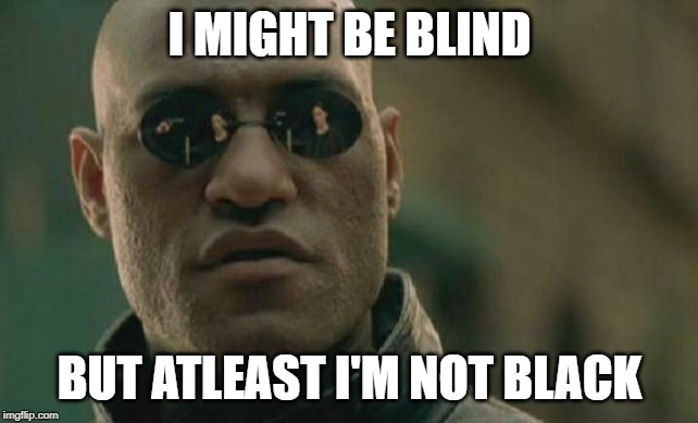 Matrix Morpheus Meme | I MIGHT BE BLIND; BUT ATLEAST I'M NOT BLACK | image tagged in memes,matrix morpheus | made w/ Imgflip meme maker