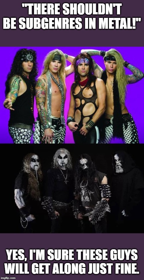 GlamBlackMetal | "THERE SHOULDN'T BE SUBGENRES IN METAL!"; YES, I'M SURE THESE GUYS WILL GET ALONG JUST FINE. | image tagged in glamblackmetal | made w/ Imgflip meme maker