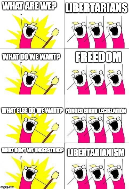 What Do We Want 4 | LIBERTARIANS; WHAT ARE WE? FREEDOM; WHAT DO WE WANT? WHAT ELSE DO WE WANT? FORCED BIRTH LEGISLATION; WHAT DON'T WE UNDERSTAND? LIBERTARIANISM | image tagged in what do we want 4 | made w/ Imgflip meme maker