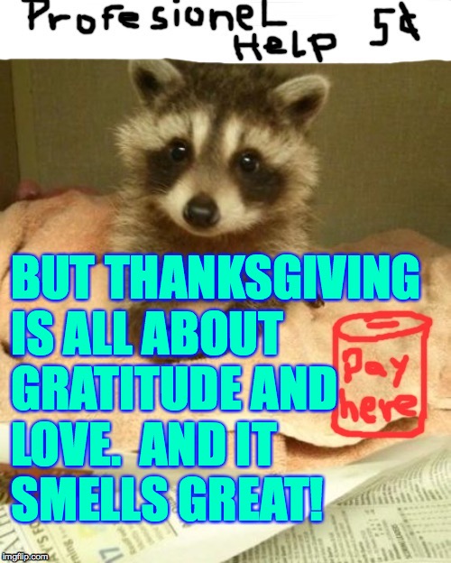 BUT THANKSGIVING
IS ALL ABOUT
GRATITUDE AND LOVE.  AND IT
SMELLS GREAT! | made w/ Imgflip meme maker