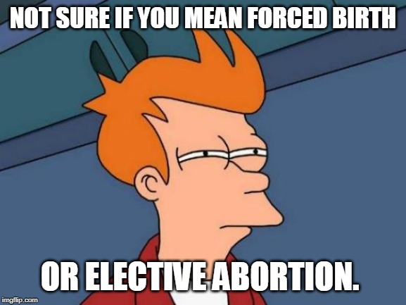 Futurama Fry Meme | NOT SURE IF YOU MEAN FORCED BIRTH OR ELECTIVE ABORTION. | image tagged in memes,futurama fry | made w/ Imgflip meme maker