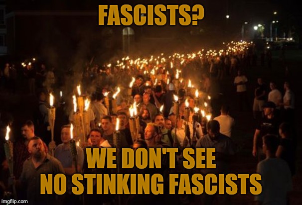 Unite the right | FASCISTS? WE DON'T SEE NO STINKING FASCISTS | image tagged in unite the right | made w/ Imgflip meme maker