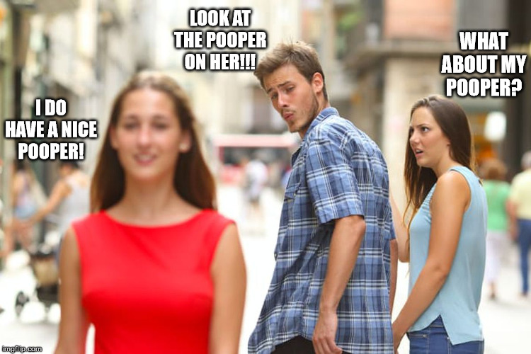 What A Pooper! | LOOK AT THE POOPER ON HER!!! WHAT ABOUT MY POOPER? I DO HAVE A NICE POOPER! | image tagged in distracted boyfriend,pooper,what | made w/ Imgflip meme maker