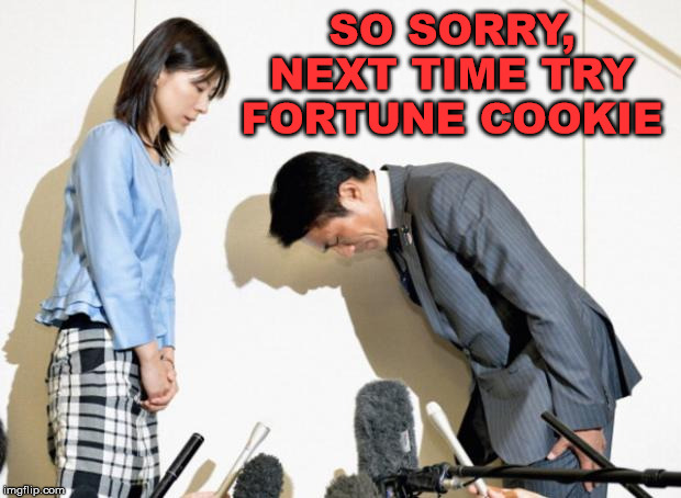 Japanese Apology | SO SORRY, NEXT TIME TRY FORTUNE COOKIE | image tagged in japanese apology | made w/ Imgflip meme maker