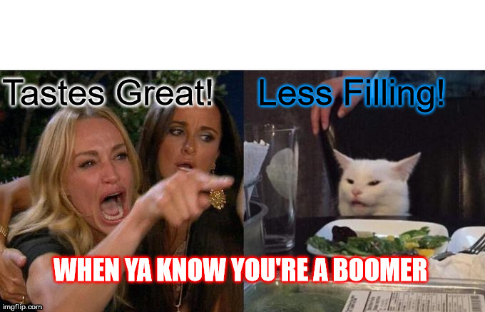 Woman Yelling At Cat Meme | Tastes Great! Less Filling! WHEN YA KNOW YOU'RE A BOOMER | image tagged in memes,woman yelling at cat | made w/ Imgflip meme maker