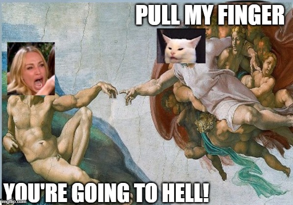PULL MY FINGER; YOU'RE GOING TO HELL! | image tagged in cat meme,screaming lady,taylor,smudge,cat with salad,salad cat | made w/ Imgflip meme maker