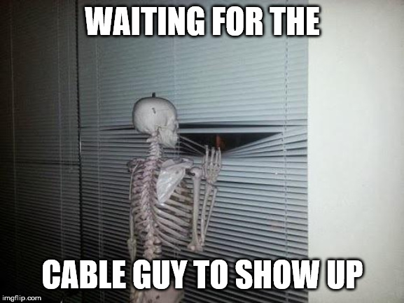 Waiting | WAITING FOR THE; CABLE GUY TO SHOW UP | image tagged in skeleton looking out window,cable,waiting | made w/ Imgflip meme maker