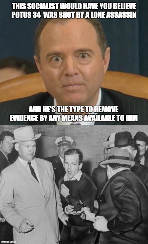 THIS SOCIALIST WOULD HAVE YOU BELIEVE
POTUS 34  WAS SHOT BY A LONE ASSASSIN; AND HE'S THE TYPE TO REMOVE EVIDENCE BY ANY MEANS AVAILABLE TO HIM | image tagged in adam shifty schiff | made w/ Imgflip meme maker