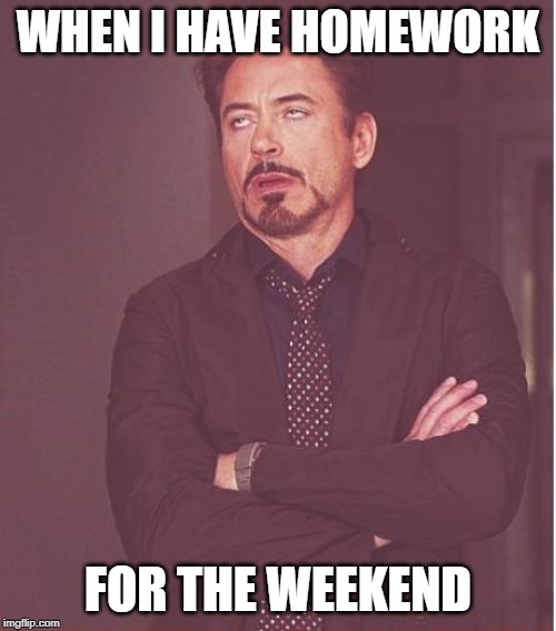 Face You Make Robert Downey Jr Meme | WHEN I HAVE HOMEWORK; FOR THE WEEKEND | image tagged in memes,face you make robert downey jr | made w/ Imgflip meme maker