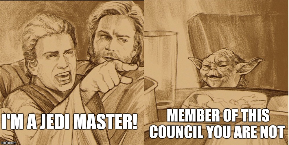 Master you are not | MEMBER OF THIS COUNCIL YOU ARE NOT; I'M A JEDI MASTER! | image tagged in memes,funny,star wars,star wars yoda,woman yelling at cat | made w/ Imgflip meme maker