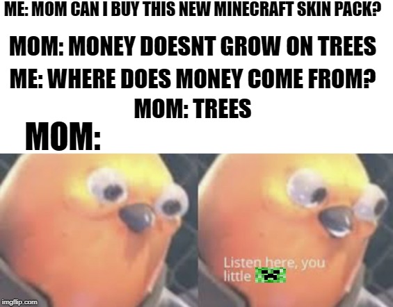 Listen here you little $(-)!# bird | ME: MOM CAN I BUY THIS NEW MINECRAFT SKIN PACK? MOM: MONEY DOESNT GROW ON TREES; ME: WHERE DOES MONEY COME FROM? MOM: TREES; MOM: | image tagged in memes,minecraft,money,trees | made w/ Imgflip meme maker