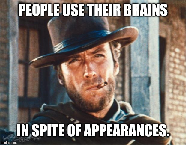 Clint Eastwood | PEOPLE USE THEIR BRAINS; IN SPITE OF APPEARANCES. | image tagged in clint eastwood | made w/ Imgflip meme maker