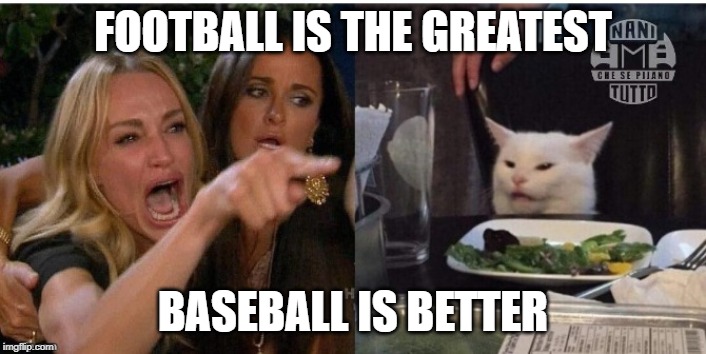 white cat table | FOOTBALL IS THE GREATEST; BASEBALL IS BETTER | image tagged in white cat table | made w/ Imgflip meme maker