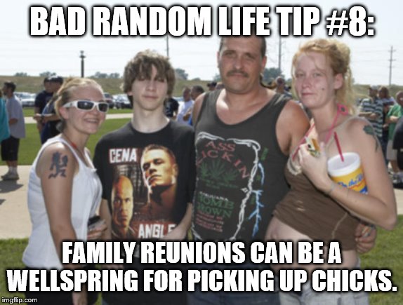White Trash Family | BAD RANDOM LIFE TIP #8:; FAMILY REUNIONS CAN BE A WELLSPRING FOR PICKING UP CHICKS. | image tagged in white trash family | made w/ Imgflip meme maker