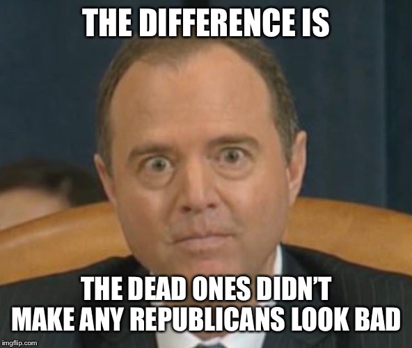 Crazy Adam Schiff | THE DIFFERENCE IS THE DEAD ONES DIDN’T MAKE ANY REPUBLICANS LOOK BAD | image tagged in crazy adam schiff | made w/ Imgflip meme maker