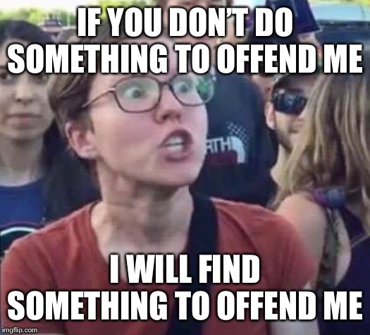 Angry Liberal | IF YOU DON’T DO SOMETHING TO OFFEND ME I WILL FIND SOMETHING TO OFFEND ME | image tagged in angry liberal | made w/ Imgflip meme maker
