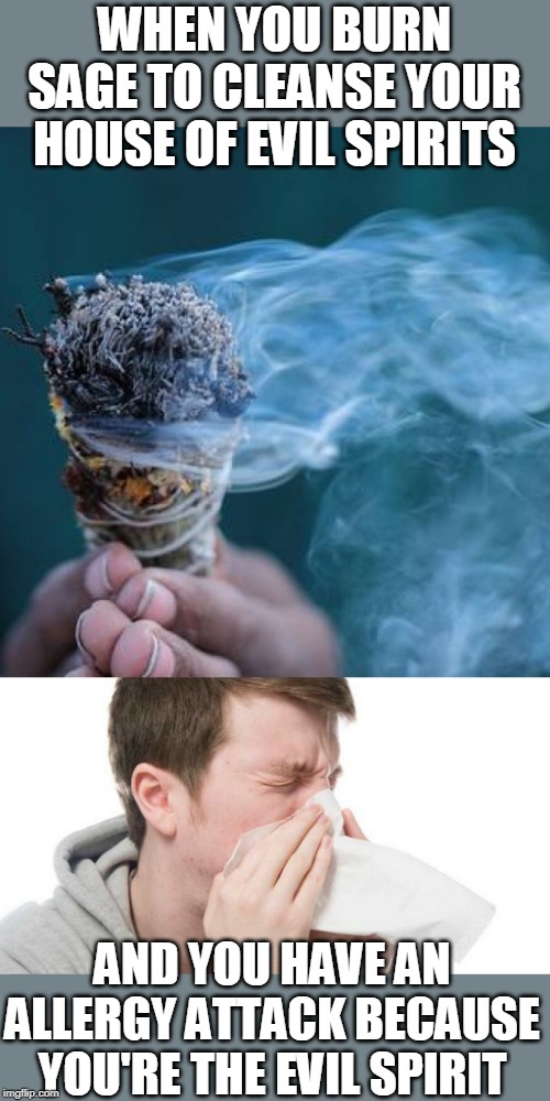 SEEMS ABOUT RIGHT | WHEN YOU BURN SAGE TO CLEANSE YOUR HOUSE OF EVIL SPIRITS; AND YOU HAVE AN ALLERGY ATTACK BECAUSE YOU'RE THE EVIL SPIRIT | image tagged in memes,smoke | made w/ Imgflip meme maker