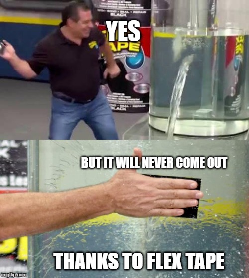 Flex Tape | YES BUT IT WILL NEVER COME OUT THANKS TO FLEX TAPE | image tagged in flex tape | made w/ Imgflip meme maker