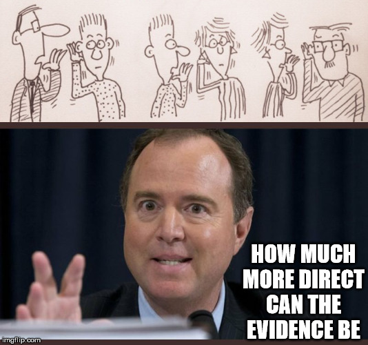 Any Way They Can Get It | HOW MUCH MORE DIRECT CAN THE EVIDENCE BE | image tagged in adam schiff,yo dawg heard you,memes,evidence,donald trump,but thats none of my business | made w/ Imgflip meme maker