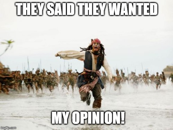 Jack Sparrow Being Chased Meme | THEY SAID THEY WANTED; MY OPINION! | image tagged in memes,jack sparrow being chased | made w/ Imgflip meme maker