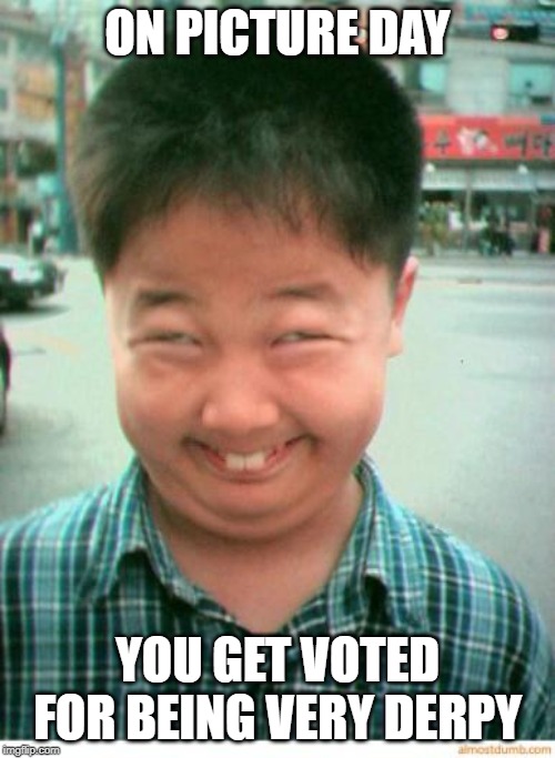 funny asian face | ON PICTURE DAY; YOU GET VOTED FOR BEING VERY DERPY | image tagged in funny asian face | made w/ Imgflip meme maker
