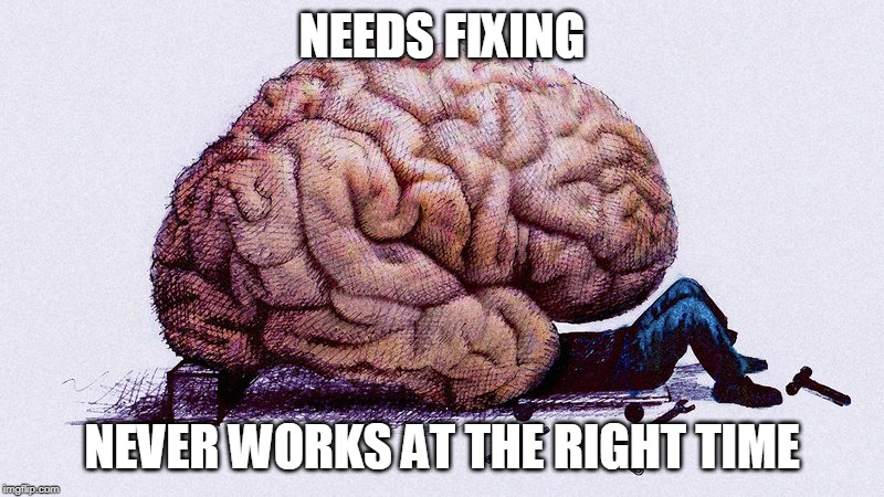brain fail | NEEDS FIXING; NEVER WORKS AT THE RIGHT TIME | image tagged in brain,repair | made w/ Imgflip meme maker